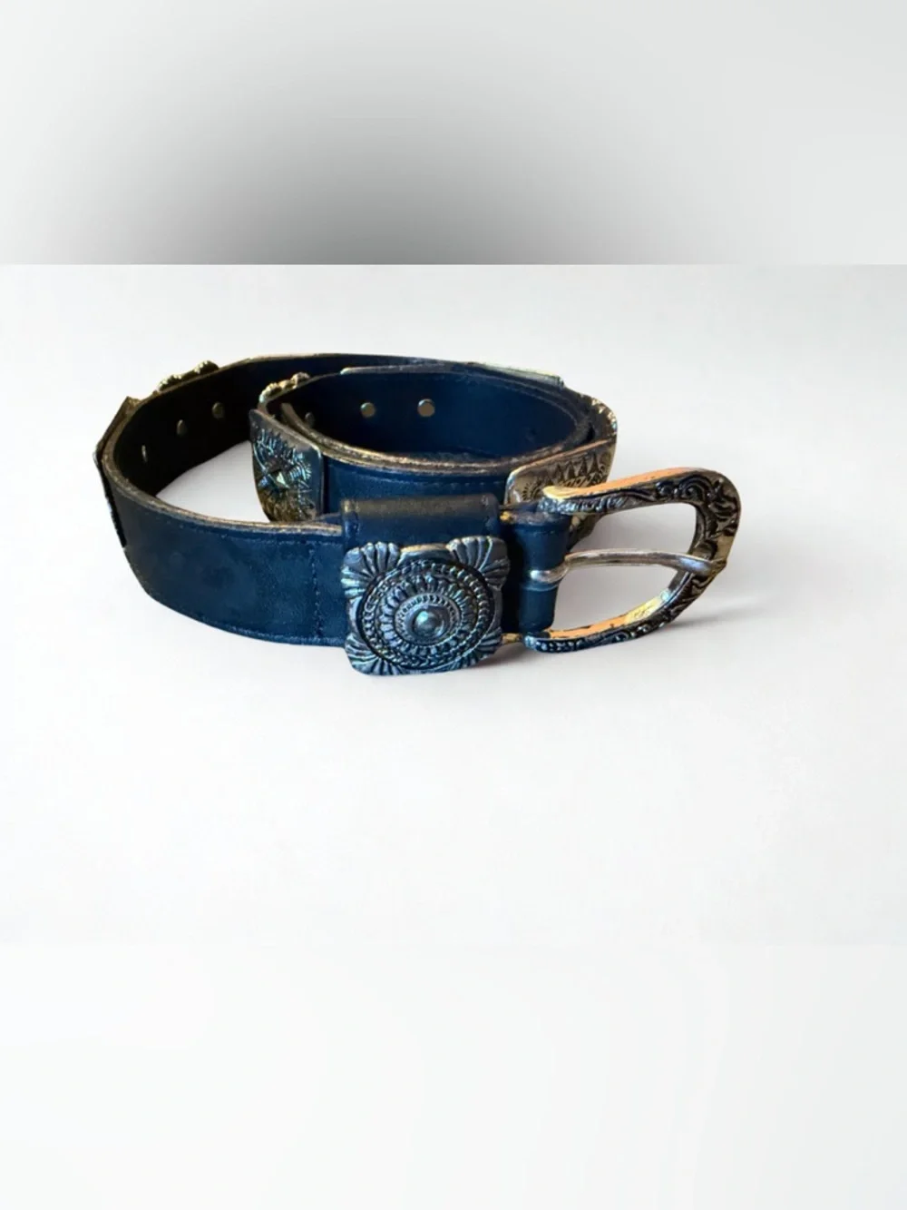Vintage Western Tooled Leather Belt with Silver Conchos - black